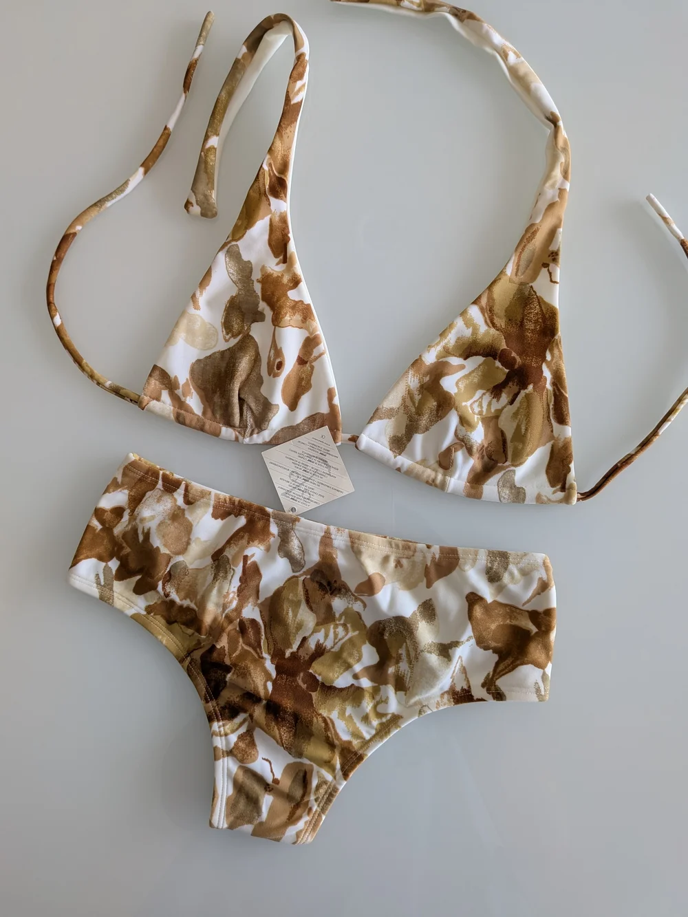 Brown White Abstract Bikini Set Halter Triangle Hipster Swimwear S 2 Pieces NWT